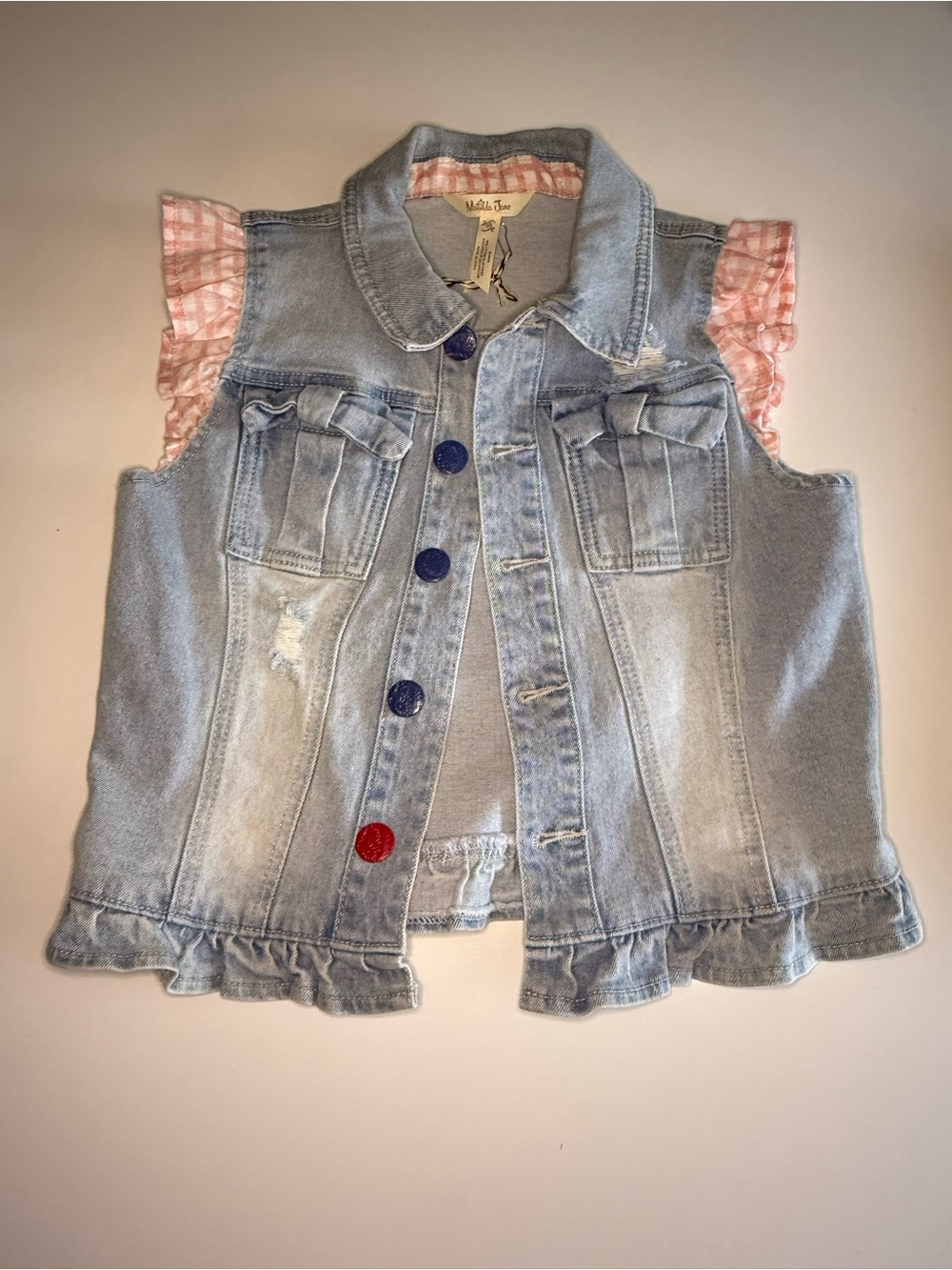 Matilda Jane Light Blue Denim Vest with Pink Gingham Ruffles NWT